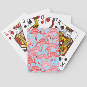 Bright Pink Flamingos On Blue Poker Cards