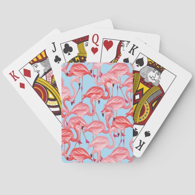 Bright Pink Flamingos On Blue Poker Cards (Back)