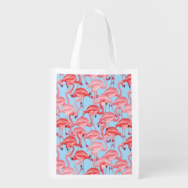 Bright Pink Flamingos On Blue Reusable Grocery Bag (Front)
