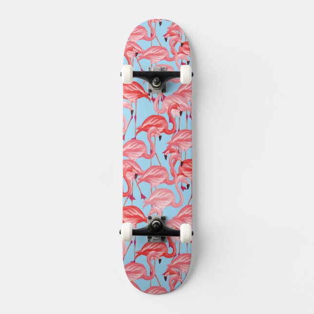 Bright Pink Flamingos On Blue Skateboard Deck (Front)