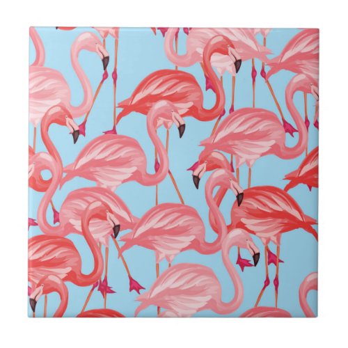 Bright Pink Flamingos On Blue Tile