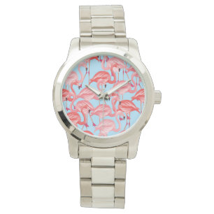 Bright Pink Flamingos On Blue Watch