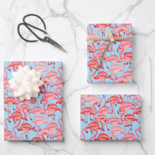 Bright Pink Flamingos On Blue Wrapping Paper Sheets