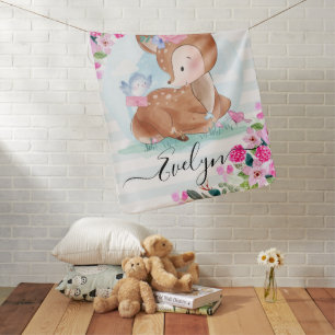 Bright Pink Floral Baby Deer Fawn Personalized Blanket