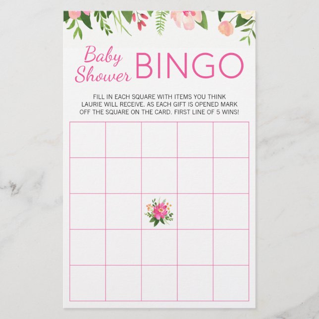 Bright Pink Floral Baby Shower Bingo Game (Front)
