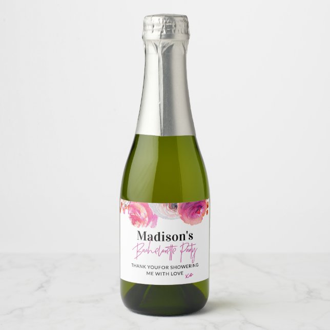 Bright Pink Floral Bachelorette Favor Sparkling Wine Label (Front)