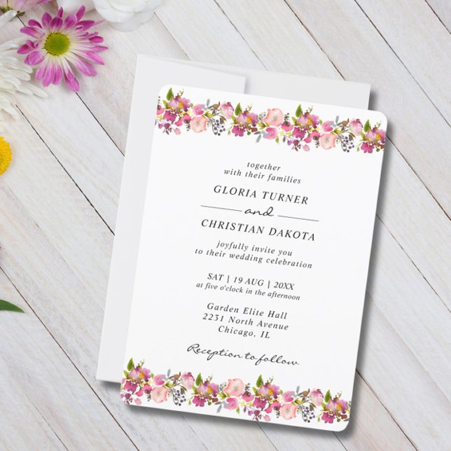 Bright Pink Floral Border Wedding Rounded Edges Invitation (Creator Uploaded)
