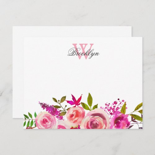 Bright Pink Floral Botanical Monogrammed Thank You Card