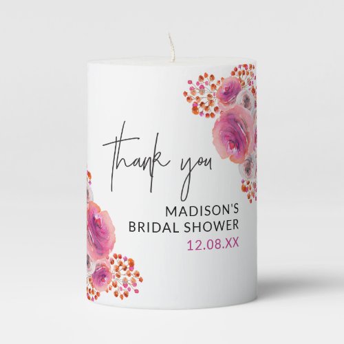 Bright Pink Floral Bridal Shower Thank You Favor Pillar Candle