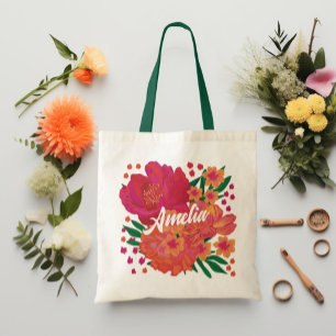 Bright Pink Floral Bridesmaid Monogram Name Tote Bag