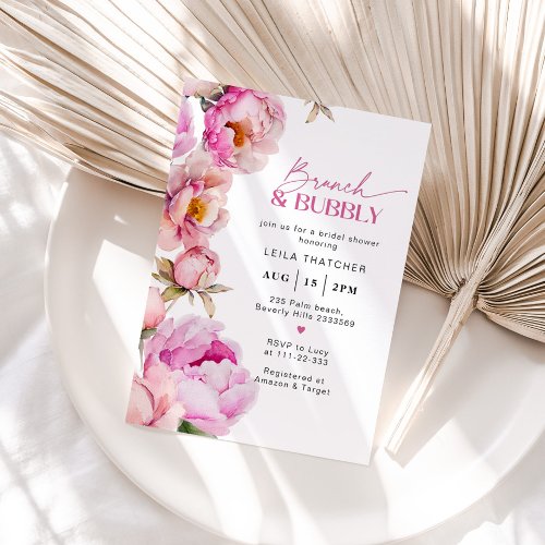  Bright pink floral brunch and bubbly bridal Invitation