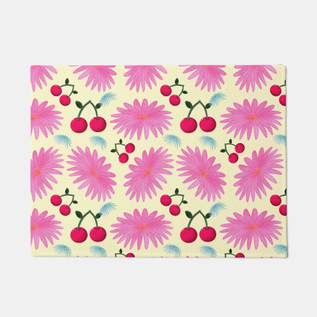 Bright Pink Floral Cherry Pattern | Cute Kawaii  Doormat (Front)