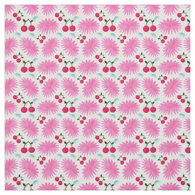 Bright Pink Floral Cherry Pattern | Cute Kawaii  Fabric (Swatch)