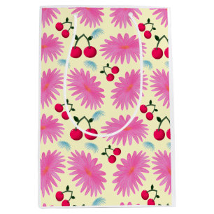 Bright Pink Floral Cherry Pattern   Cute Kawaii  Medium Gift Bag