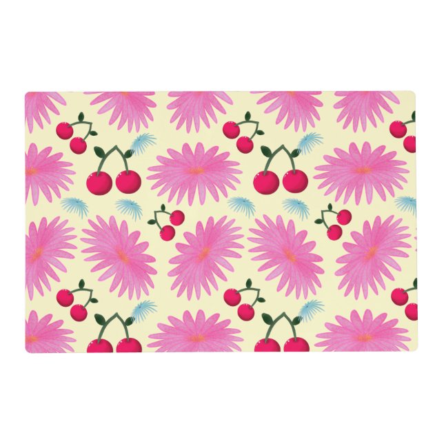 Bright Pink Floral Cherry Pattern | Cute Kawaii  Placemat (Front)