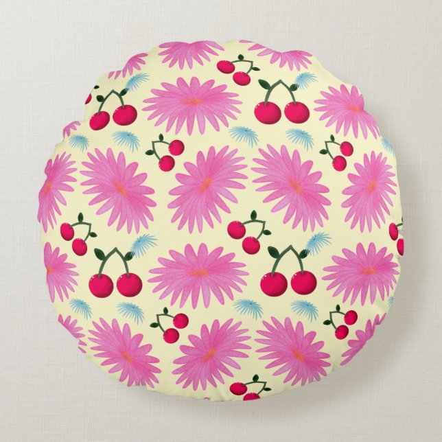 Bright Pink Floral Cherry Pattern | Cute Kawaii  Round Pillow (Front)