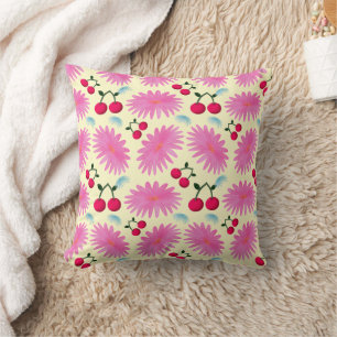 Bright Pink Floral Cherry Pattern   Cute Kawaii  Throw Pillow