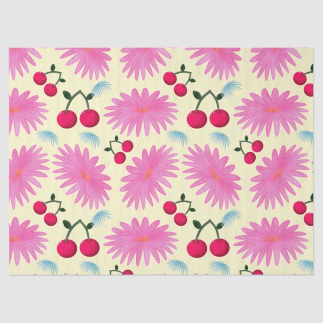 Bright Pink Floral Cherry Pattern | Cute Kawaii  Tissue Paper (Front)