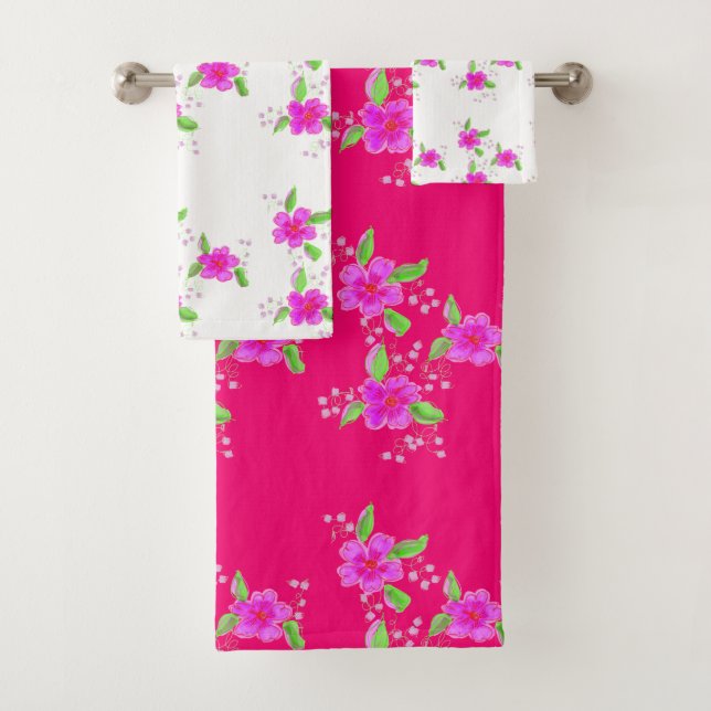 Bright Pink Floral Design With White Bath Towel Set (Insitu)