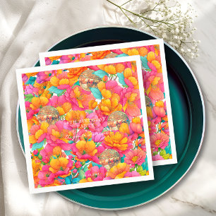 Bright Pink Floral Gold Disco Ball Birthday Party Napkins