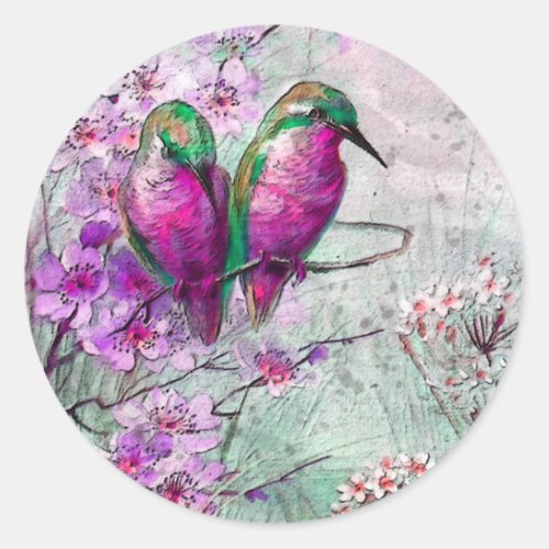 Bright Pink Floral Hummingbirds Classic Round Sticker