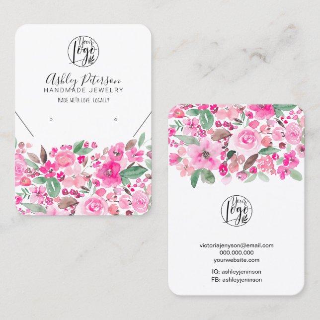 Bright pink floral logo jewelry earring necklace business card (Front/Back)