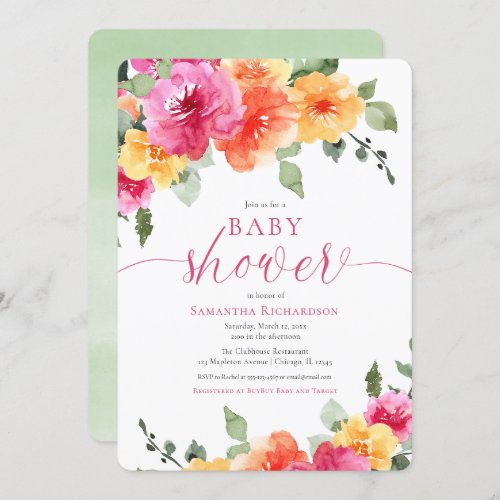 Bright pink floral peonies girl baby shower invitation