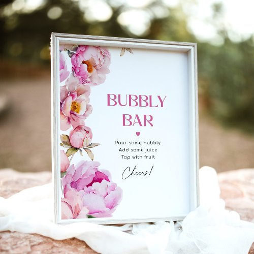 Bright pink floral peony bridal bubbly bar poster