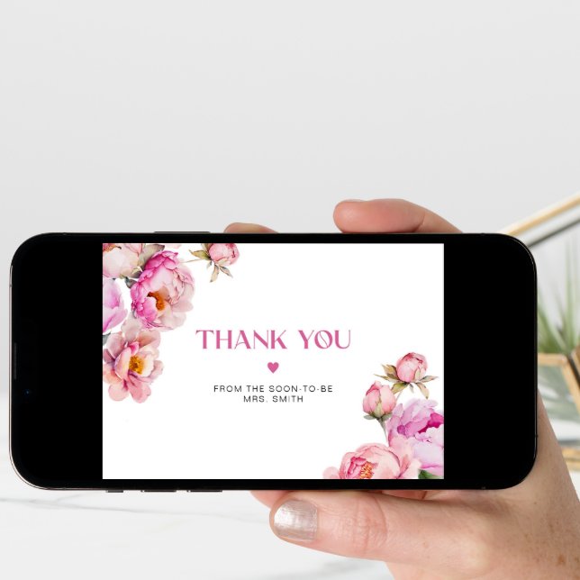 Bright pink floral peony bridal thank you card (Front Digital)