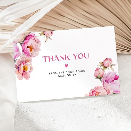 Bright pink floral peony bridal thank you card