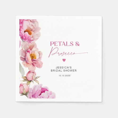 Bright pink floral petals and prosecco bridal napkins
