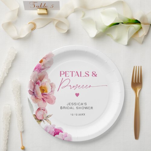 Bright pink floral petals and prosecco bridal paper plates