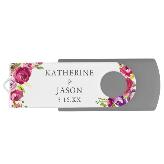 Bright Pink Floral Romantic Fuchsia Wedding Flash Drive (Back)