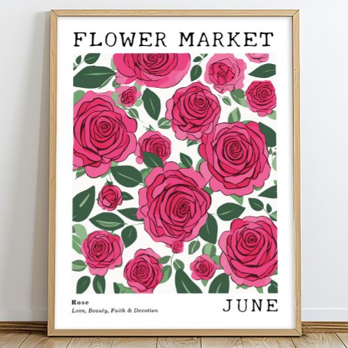 Bright Pink Floral Roses June Birth Flower Market Poster