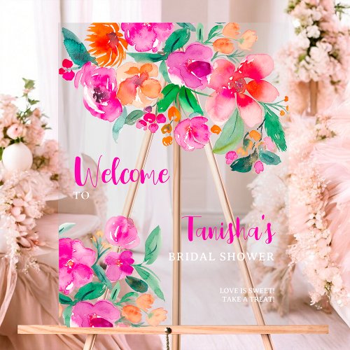 Bright pink floral script bridal shower welcome  acrylic sign