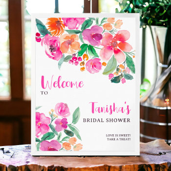 Bright Pink Floral Script Bridal Shower Welcome Poster by girly_trend at Zazzle