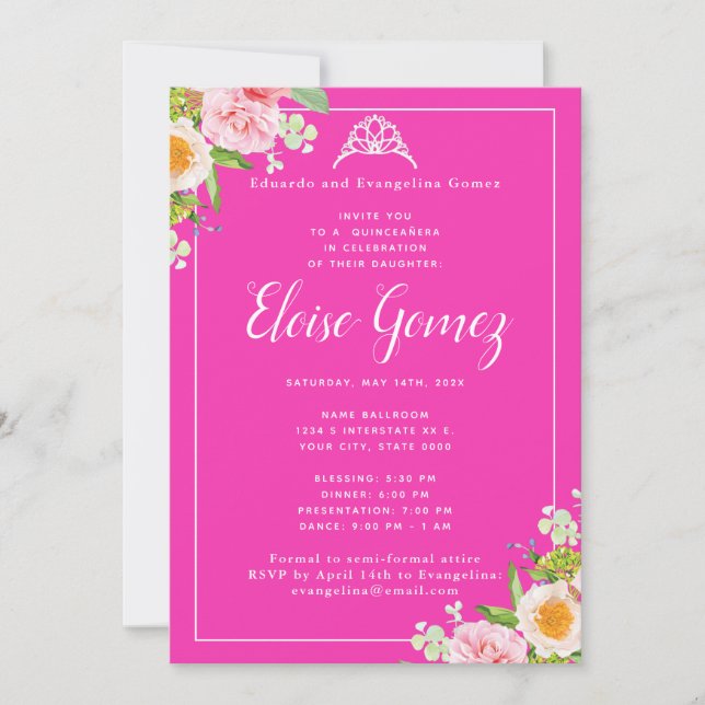 Bright Pink Floral Spring Quinceanera Invitation (Front)