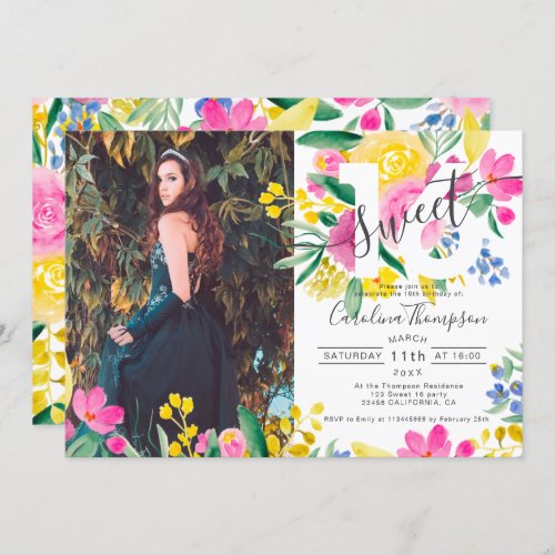 Bright pink floral watercolor chic photo Sweet 16 Invitation