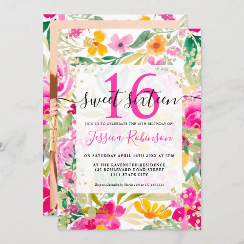 Bright pink floral watercolor gold chic Sweet 16 Invitation