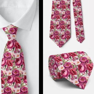 Bright Pink Floral Watercolor Neck Tie