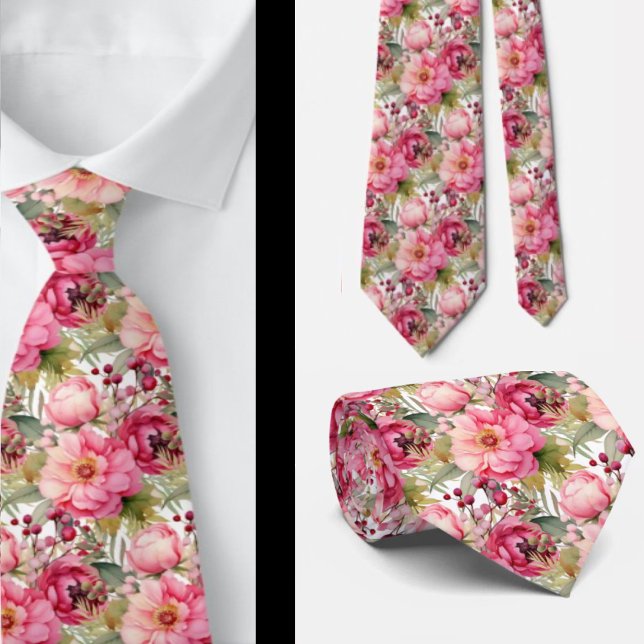 Bright Pink Floral Watercolor Neck Tie (Creator Uploaded)