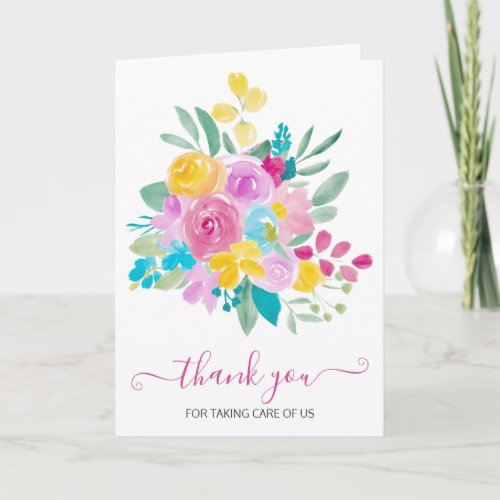 Bright pink floral watercolor thank you card