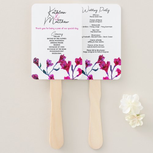 Bright Pink Floral Watercolor Wedding Hand Fan