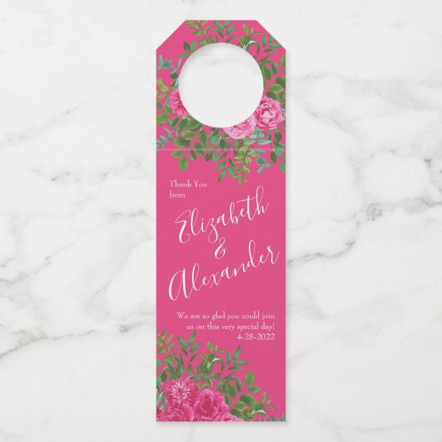 Bright Pink Floral Wedding Bottle Hanger Tag (Front)