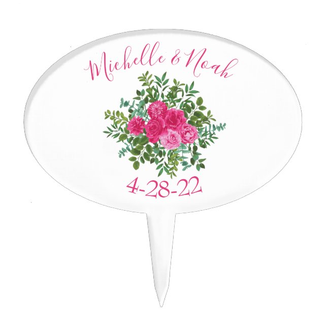 Bright Pink Floral Wedding Cake Topper (Front)