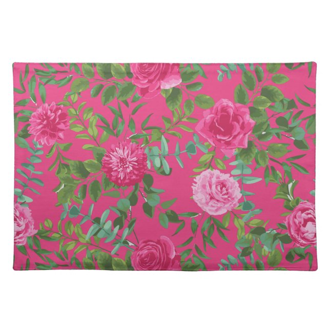 Bright Pink Floral Wedding Cloth Placemats (Front)