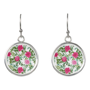 Bright Pink Floral Wedding Earrings