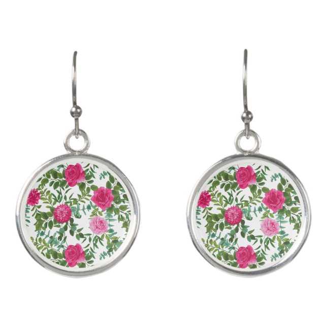 Bright Pink Floral Wedding Earrings (Front)