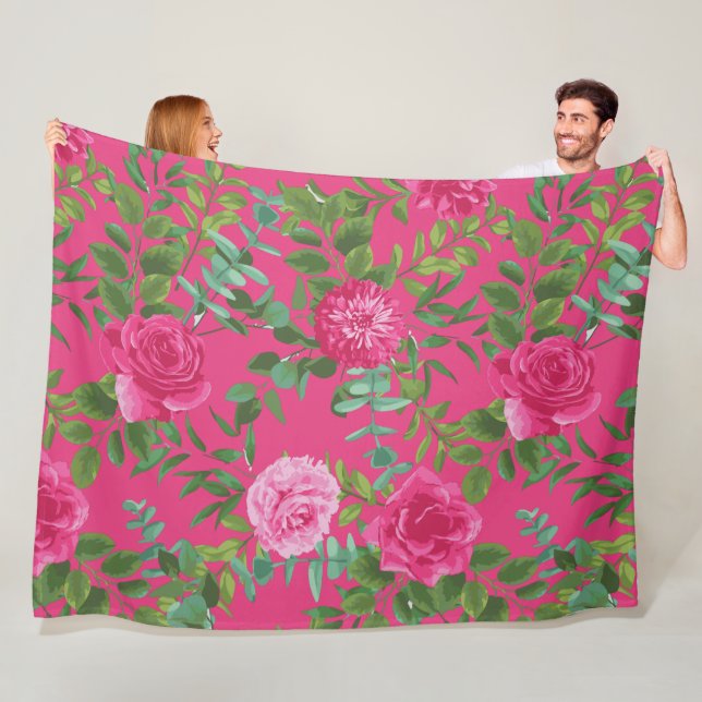 Bright Pink Floral Wedding Fleece Blanket (In Situ)