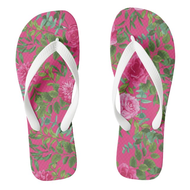Bright Pink Floral Wedding Flip Flops (Footbed)